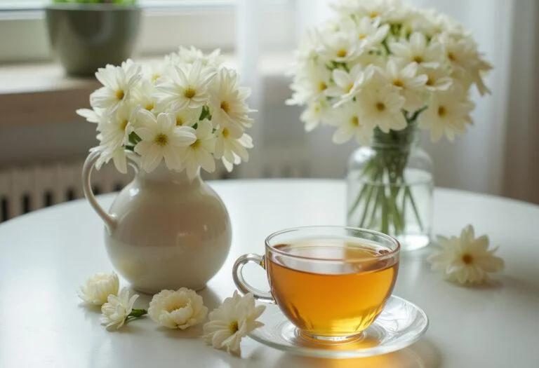 Chá de jasmim relaxante servido com flores, ideal para momentos de tranquilidade.