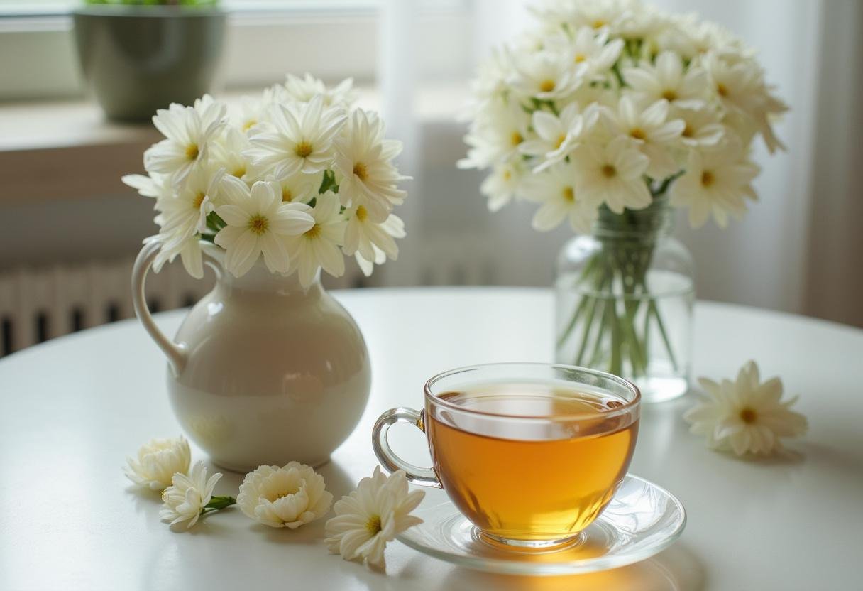 Chá de jasmim relaxante servido com flores, ideal para momentos de tranquilidade.