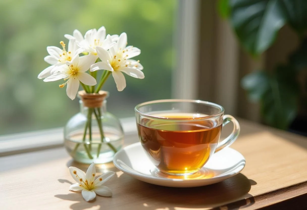 Chá de jasmim relaxante servido com flores, ideal para momentos de tranquilidade.