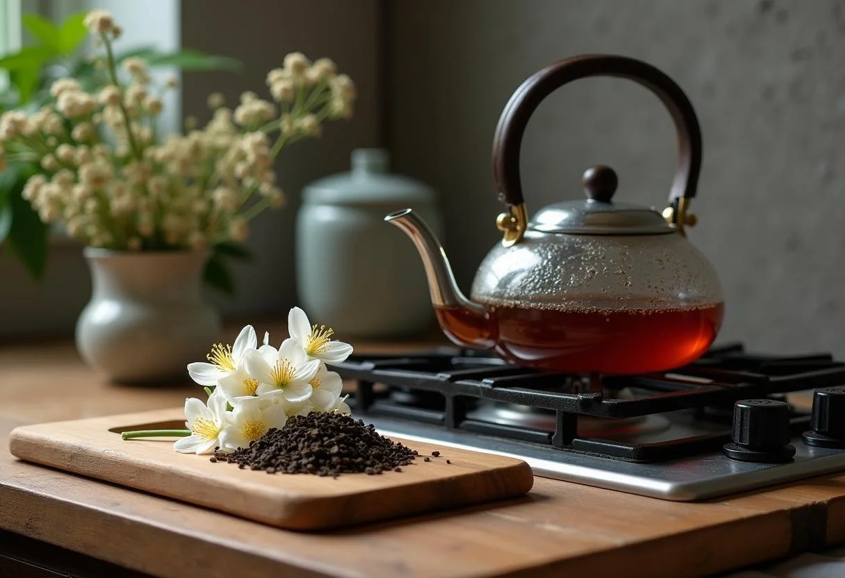 Preparing chá de jasmim com flores de jasmim e folhas de chá na cozinha.