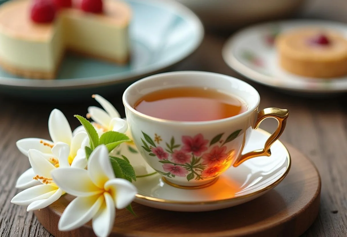 Chá de jasmim servido em uma xícara com flores de jasmim decorativas ao redor.