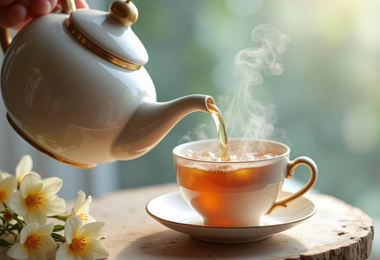 Servindo chá de jasmim de uma chaleira elegante para um efeito relaxante.