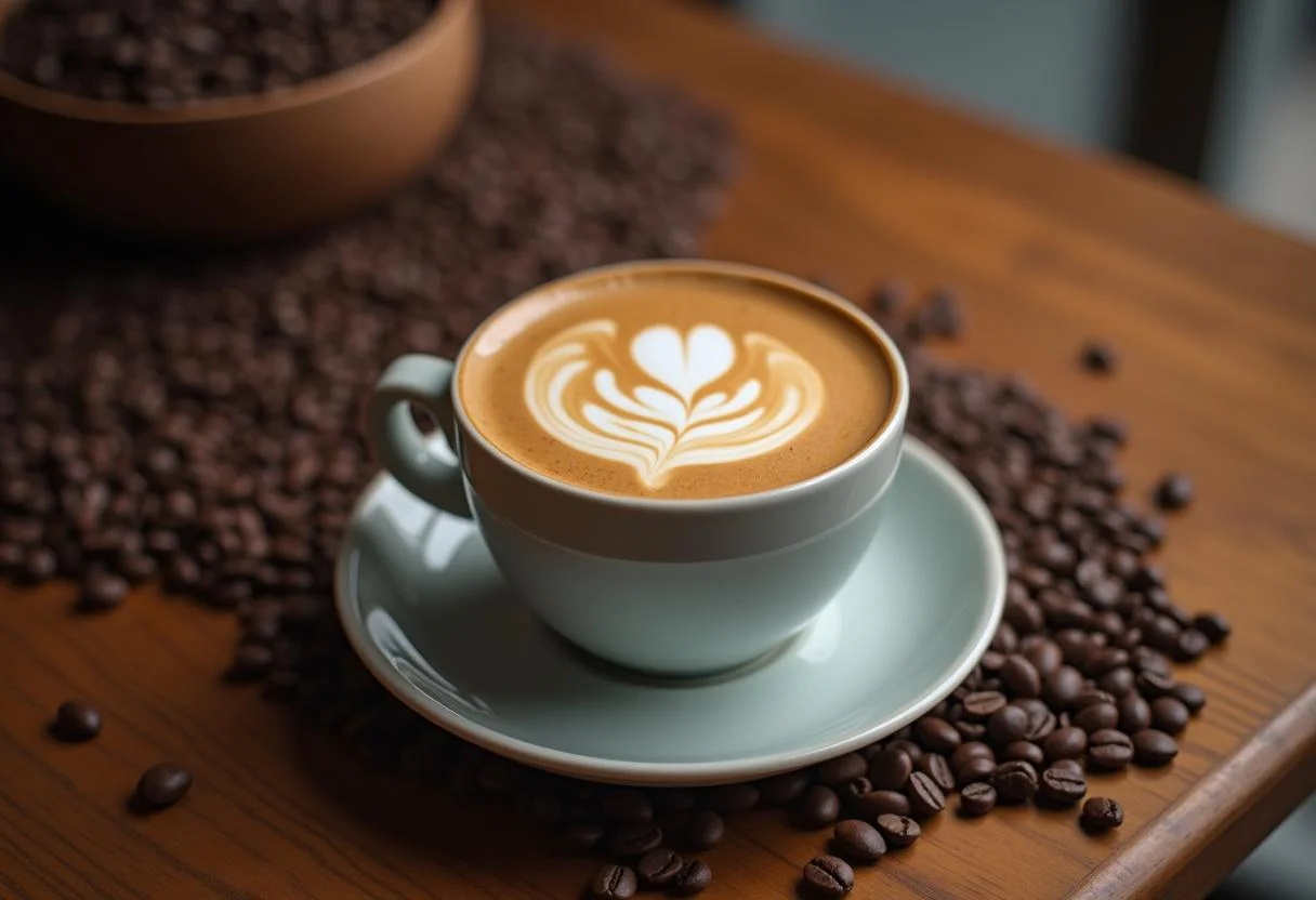 Chávenas de café finalizadas com latte art, apresentando a essência do café artesanal.