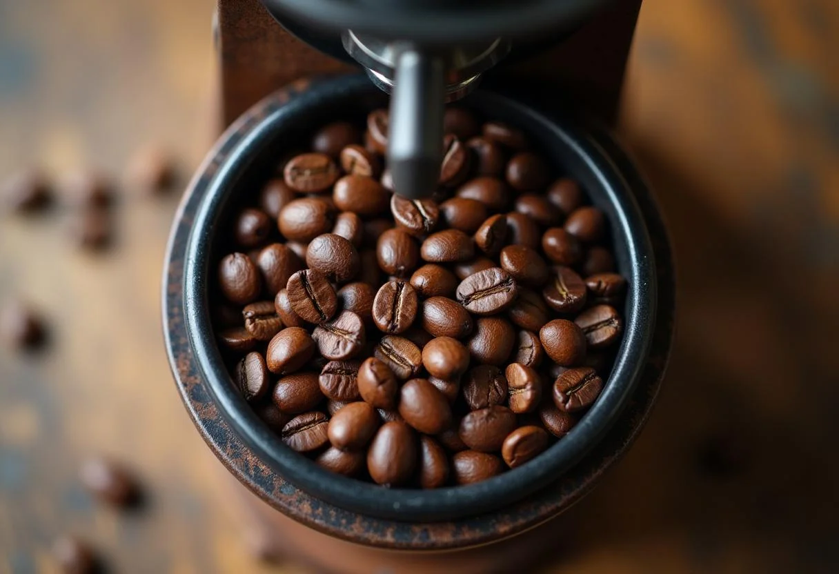 Preparação de chávenas de café com grãos de café torrados frescos prontos para moer.