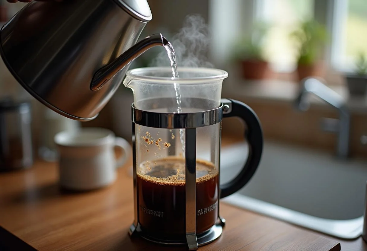 Preparando água quente para preparar chavenas de café numa prensa francesa para um sabor ideal.
