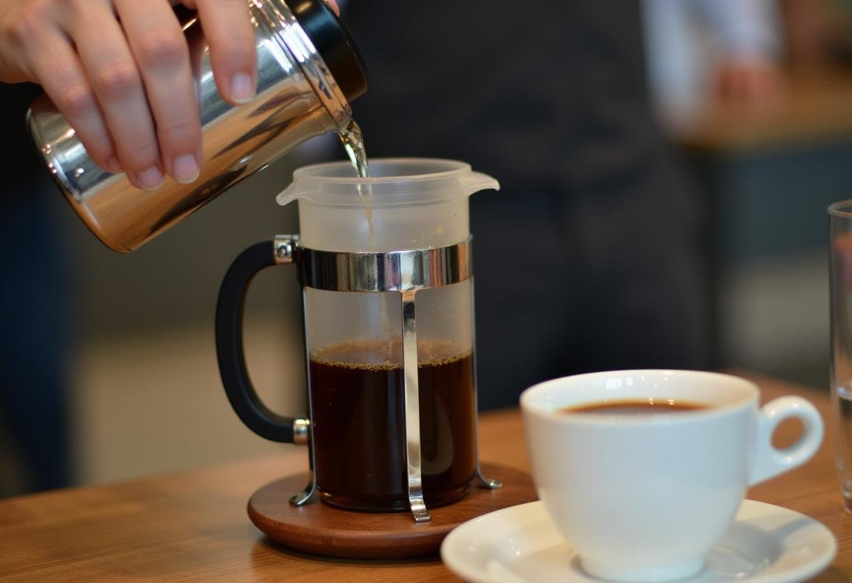 Preparando chavenas de café numa prensa francesa, mostrando o aromático processo de fazer café.