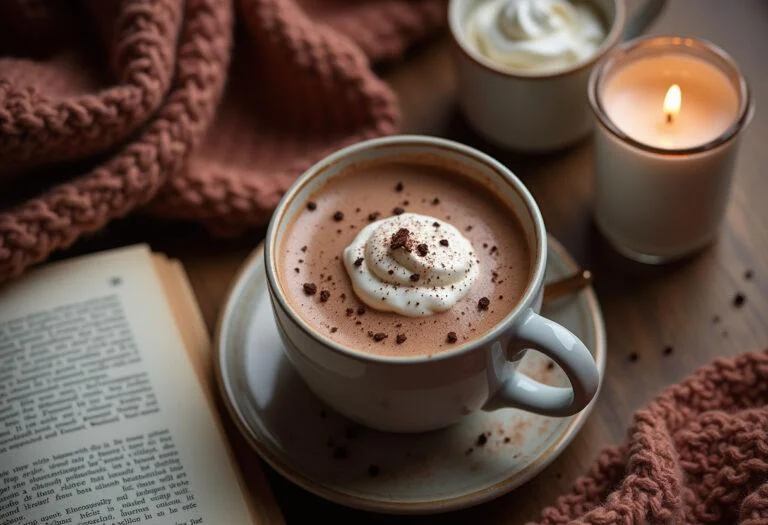Delicious chocolate quente cremosa served with whipped cream and chocolate shavings.