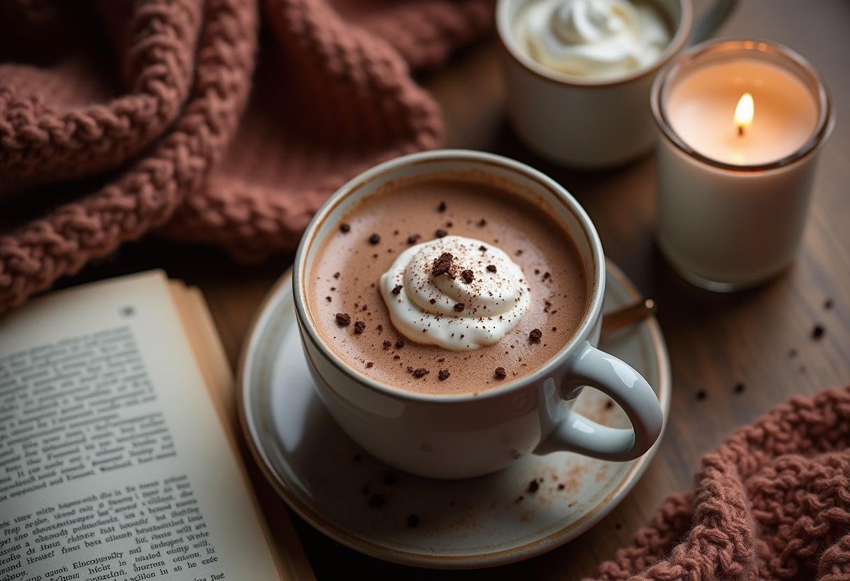 Delicious chocolate quente cremosa served with whipped cream and chocolate shavings.
