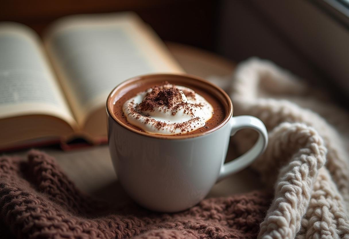 Delicious chocolate quente cremosa served with whipped cream and chocolate shavings.