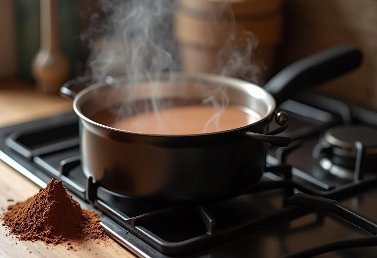 Milk being heated in a pot for chocolate quente receita preparation.