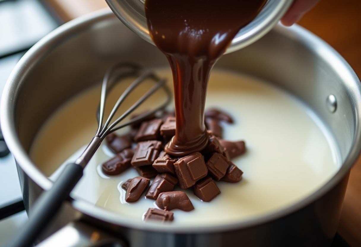 Chocolate pieces being melted in warm milk for chocolate quente receita.