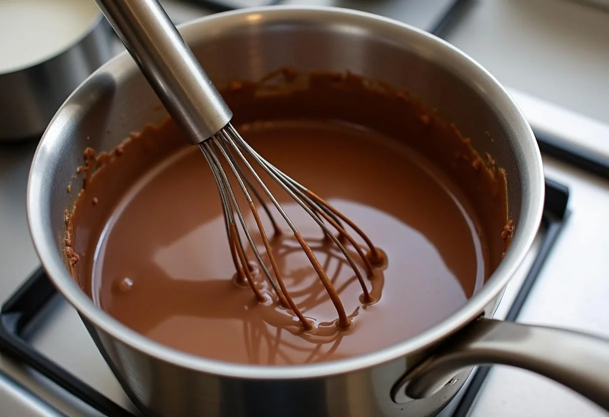 Whisking chocolate and milk for a creamy chocolate quente receita.