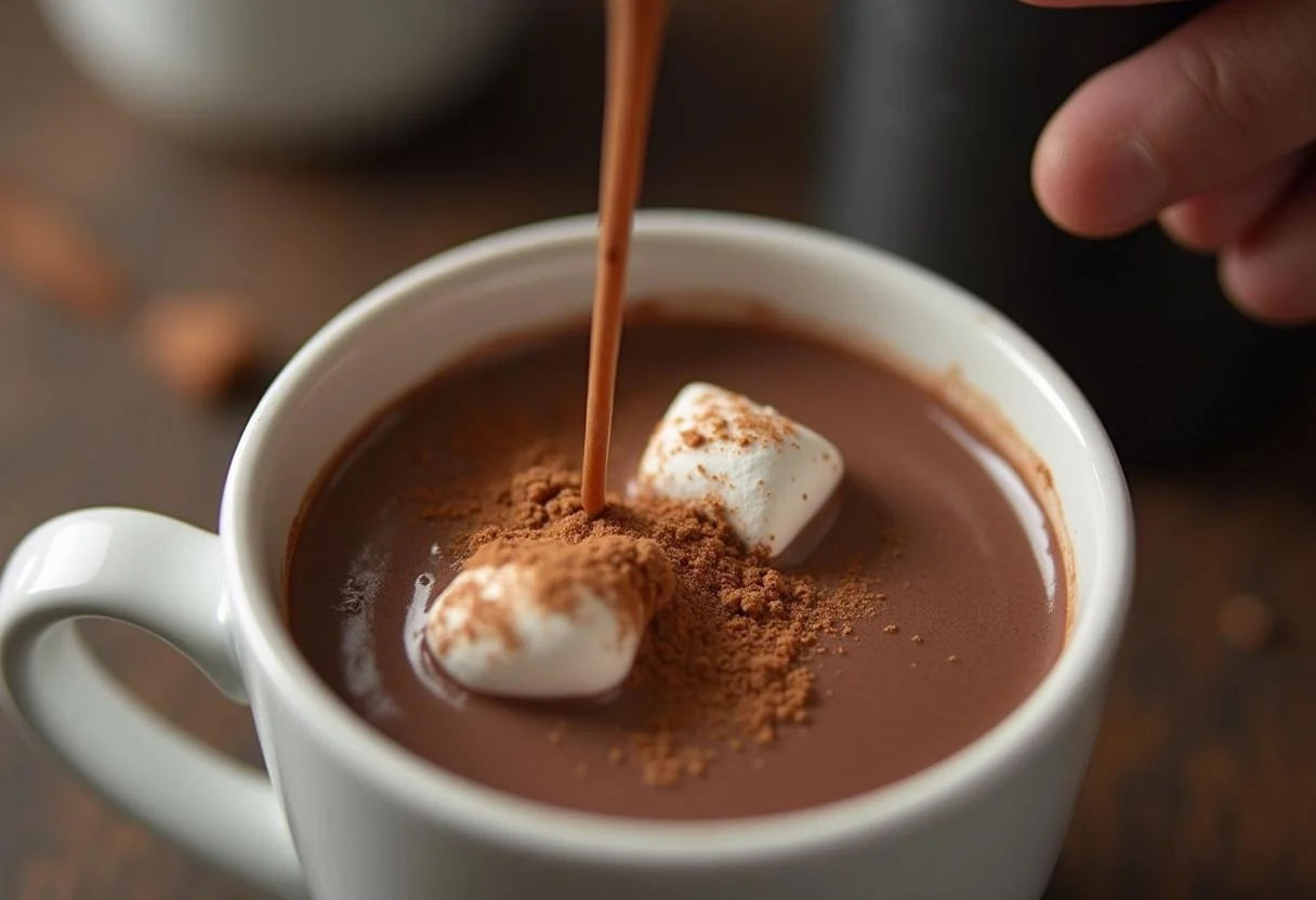 Pouring hot chocolate into a mug for chocolate quente receita presentation.