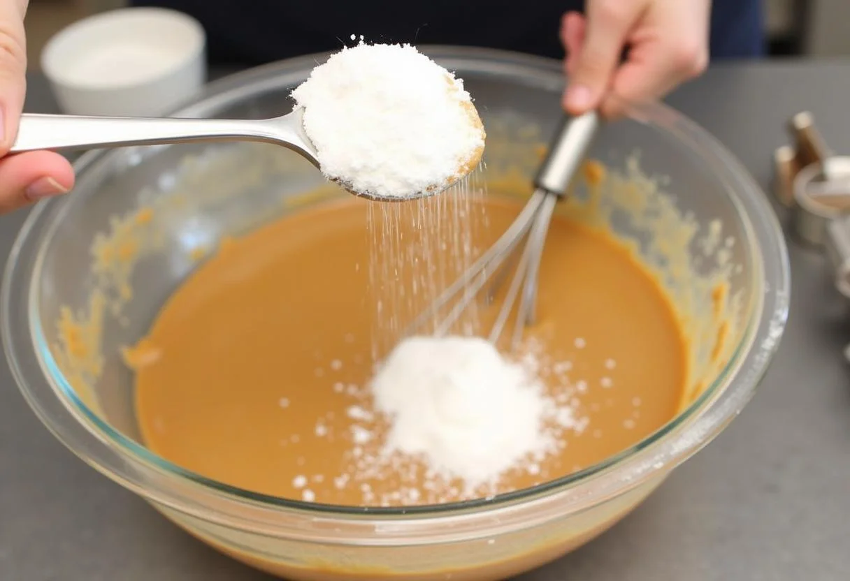 Powdered sugar being mixed into peanut butter for homemade Reese's chocolate.