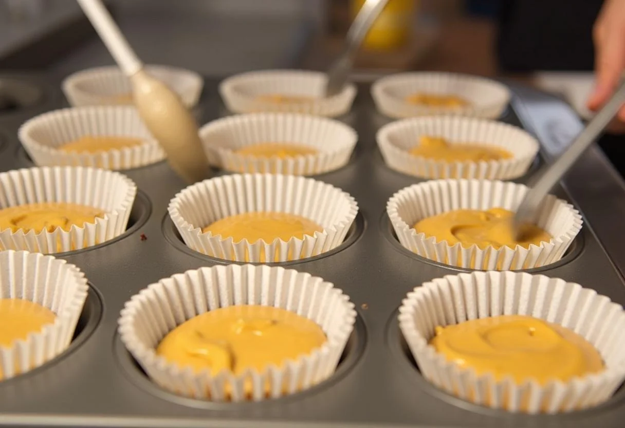 Peanut butter mixture in cupcake liners, a step in making Reese's chocolate candies.