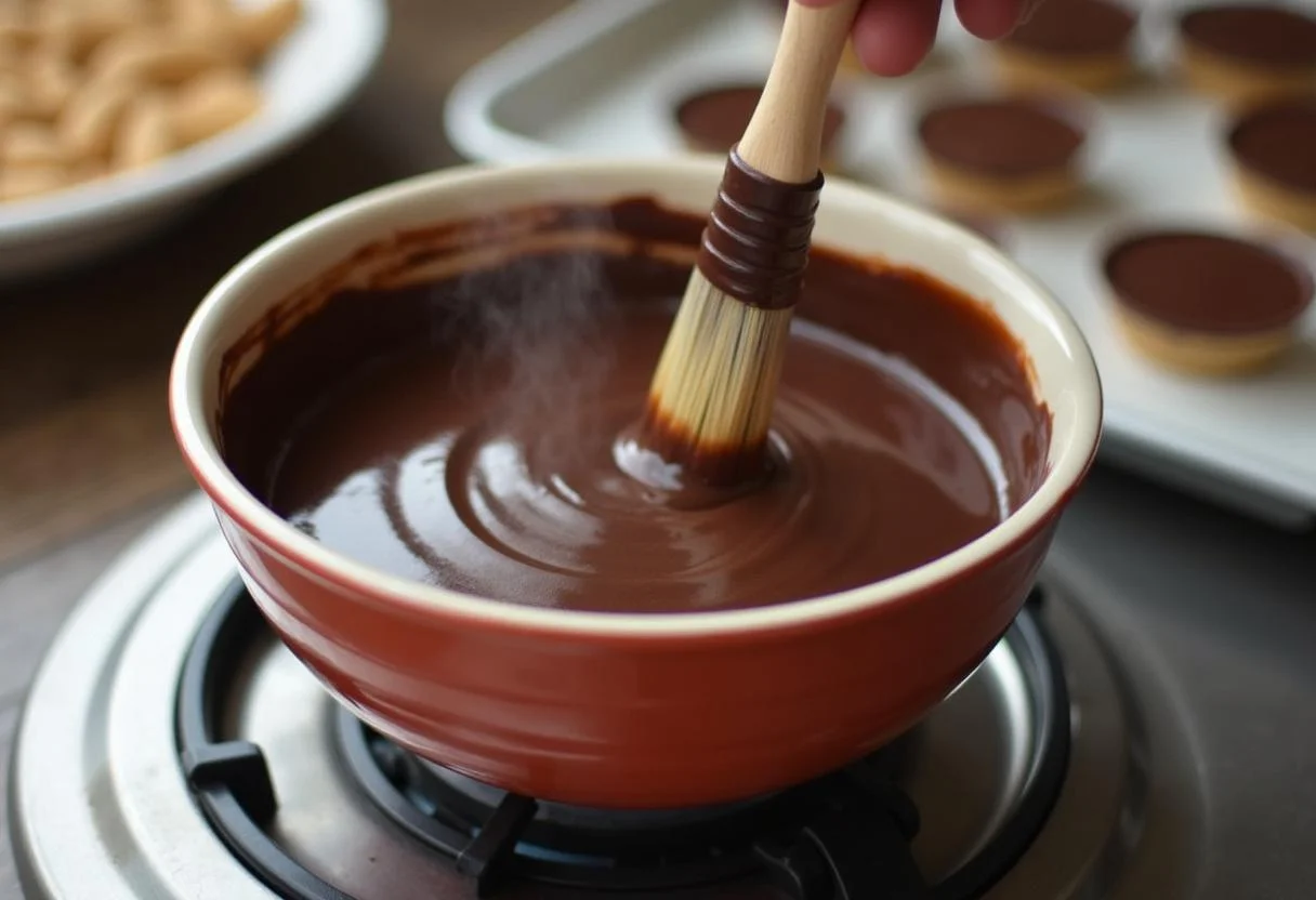 Melted chocolate coating peanut butter cups for Reese's chocolate treat.