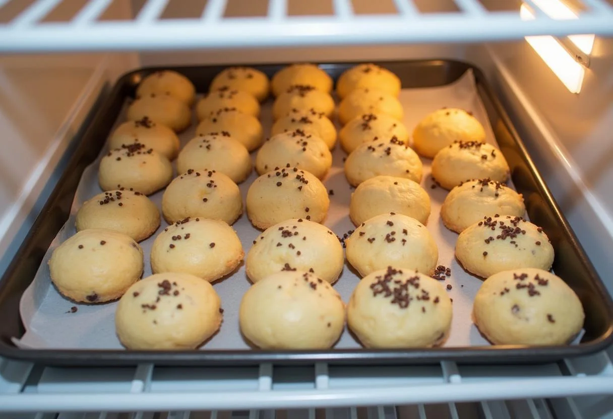 Assadeira de conguitos refrigerando no frigorífico, prontos para serem servidos.