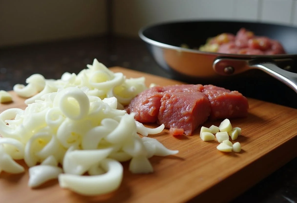 Cebolas e alho preparados para refogar na receita de couve branca refogada.