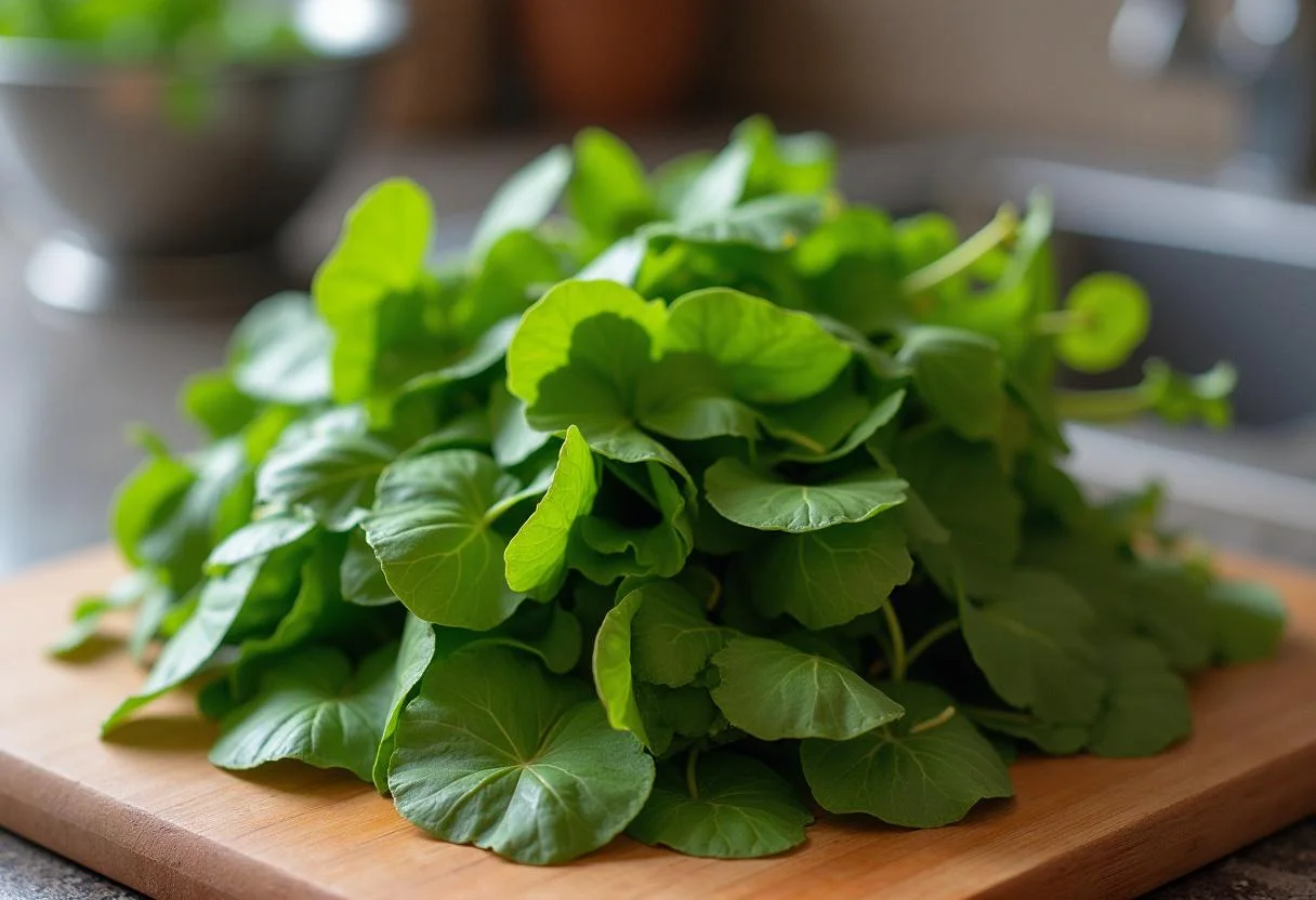 Fresh couve coração leaves on a cutting board, essential for a simple couve coração recipe.