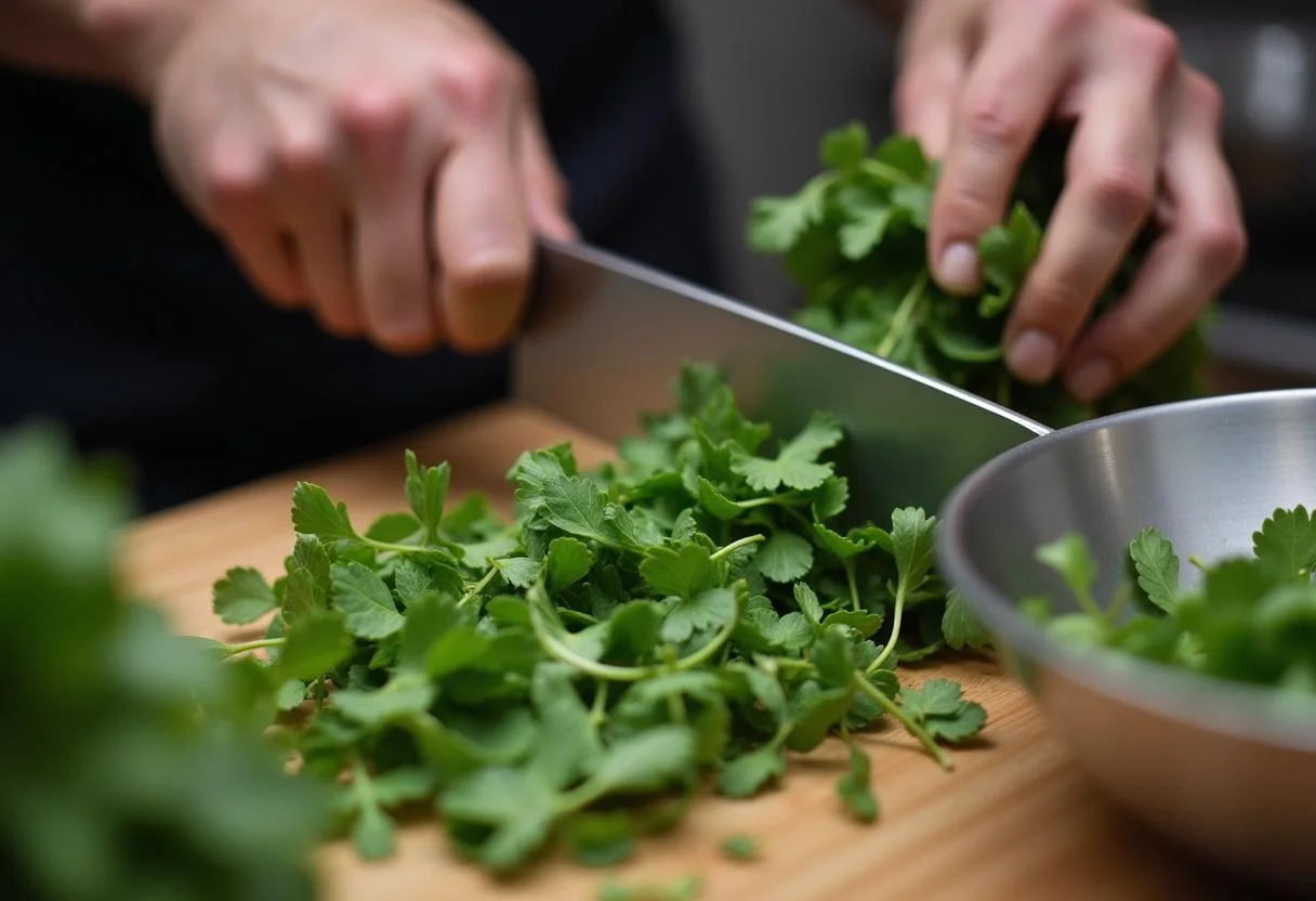 Chopped couve coração leaves being prepared in the kitchen for a simple couve coração dish.