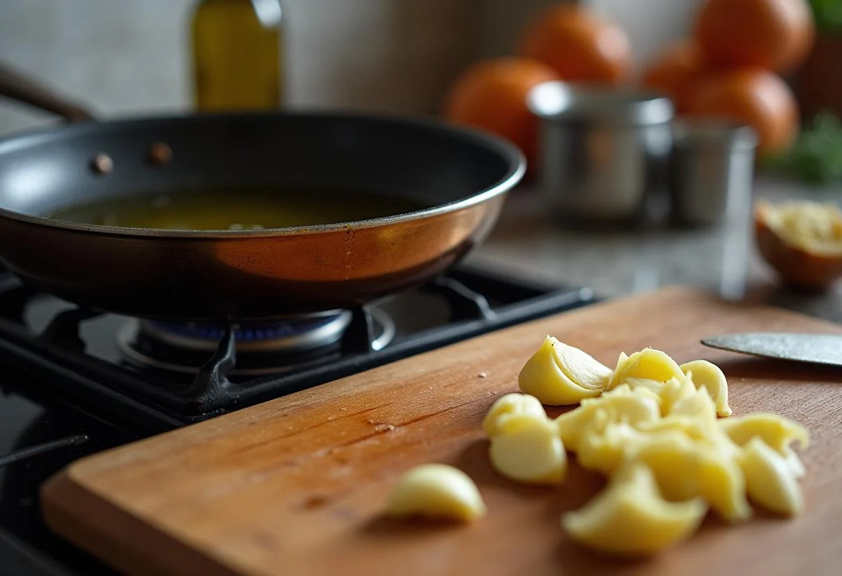 Garlic cloves being minced for sautéing with couve coração in a simple recipe.