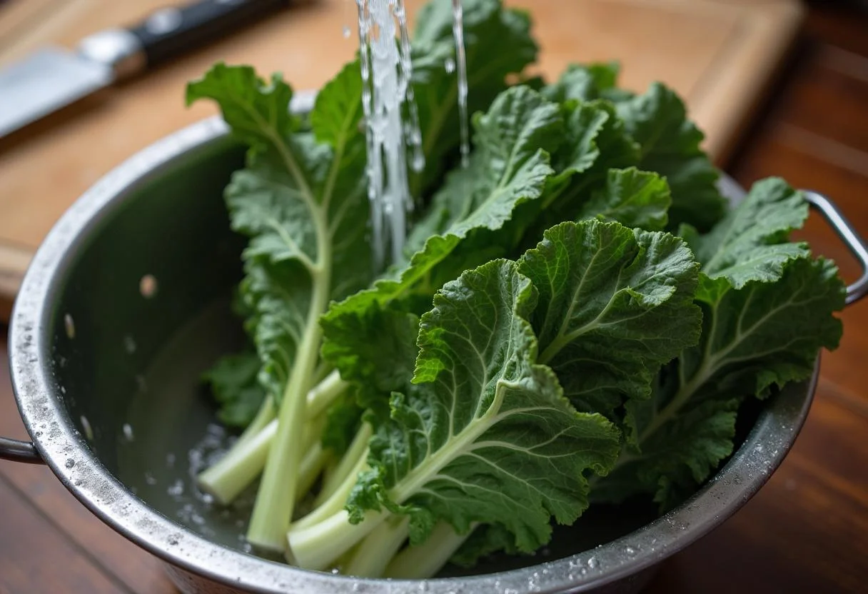Fresh couve kale leaves being washed for a healthy dish preparation.