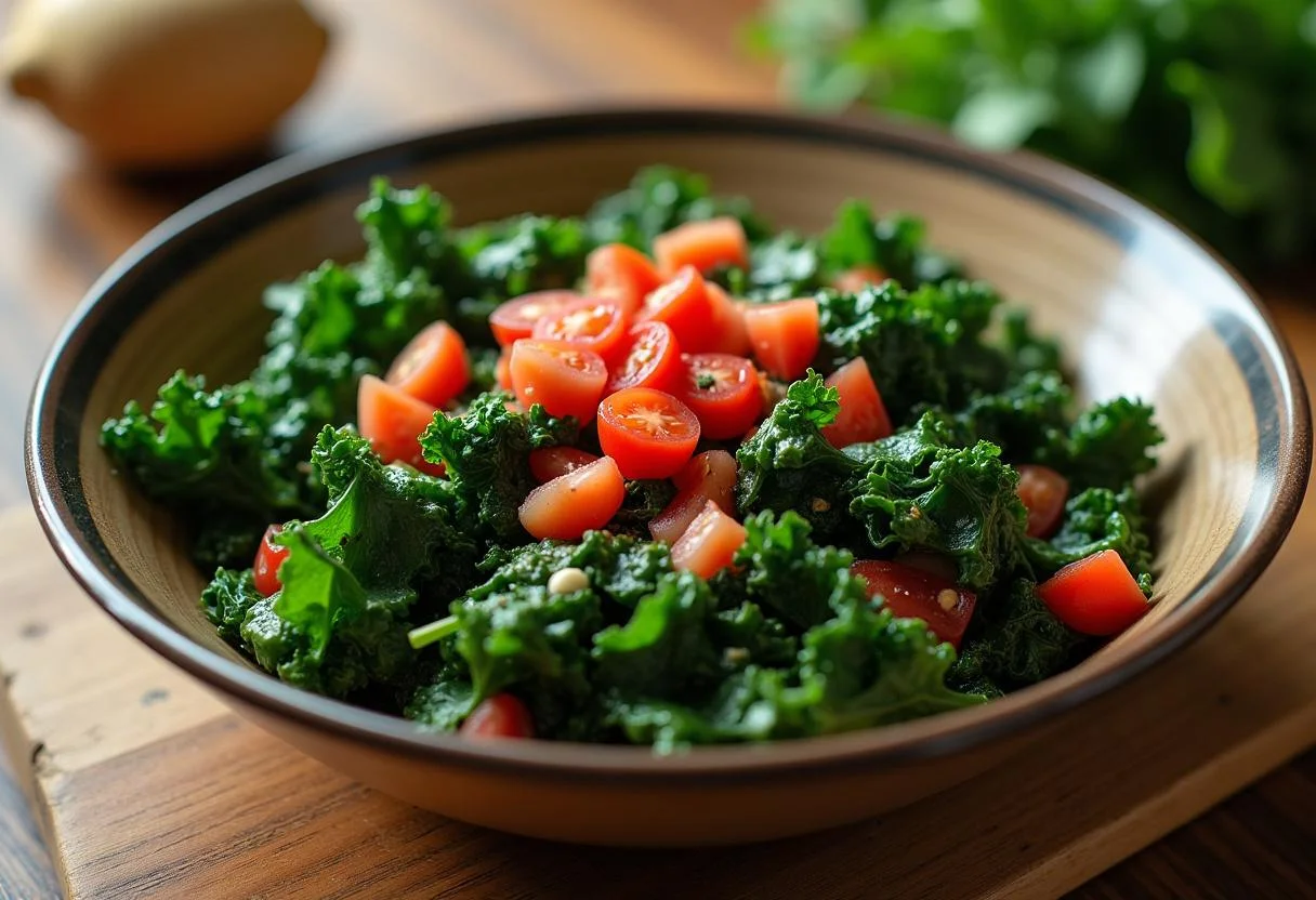 Mixing ingredients for a healthy dish with couve kale, tomatoes, and lemon juice.