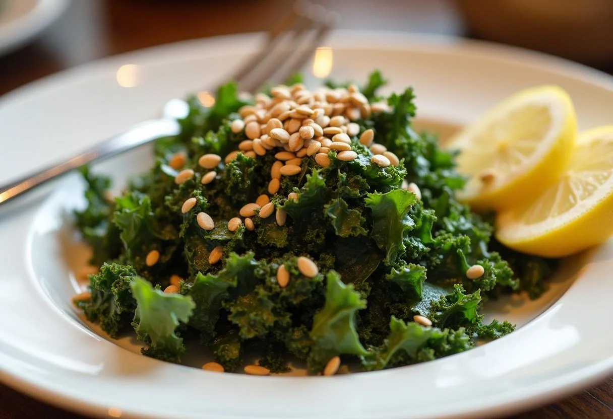Vibrant couve kale salad on a plate, ready to enjoy as part of a healthy meal.