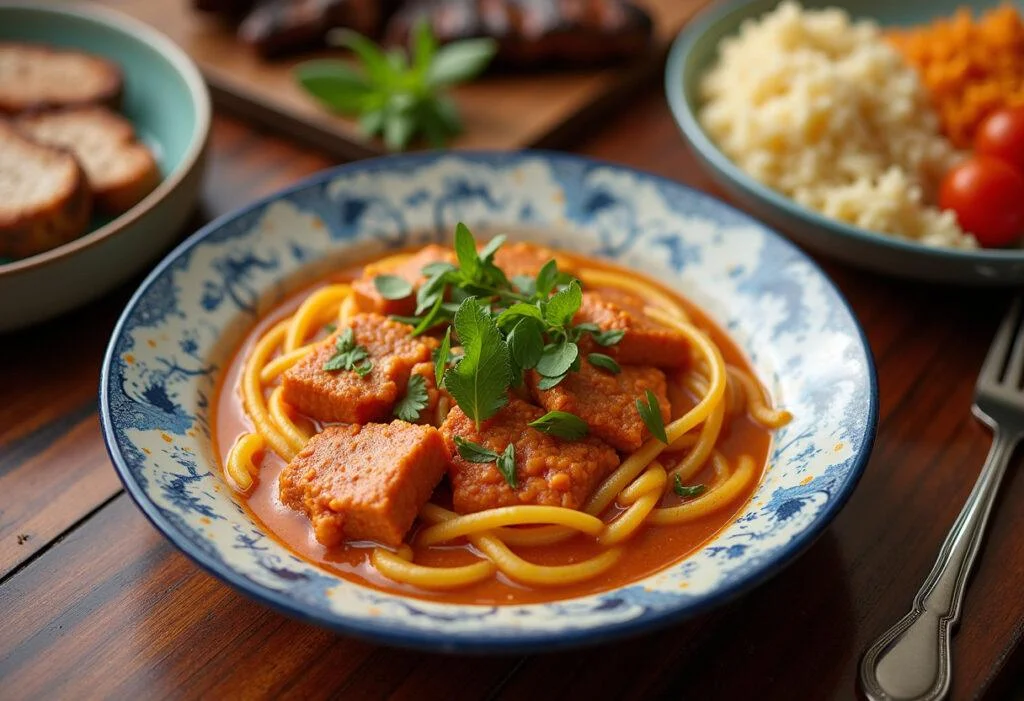 Finished couve roxa temperada served with grilled meat, perfect for a nutritious meal.