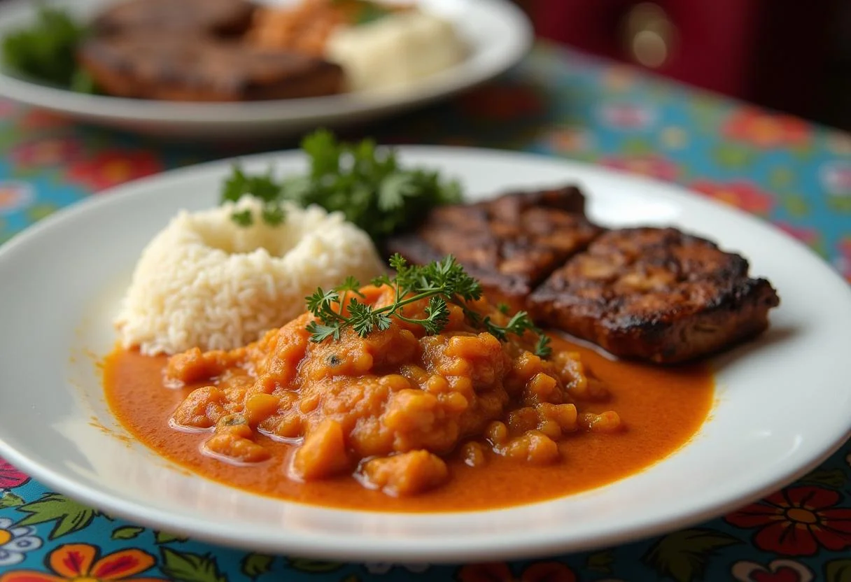 Finished couve roxa temperada served with grilled meat, perfect for a nutritious meal.