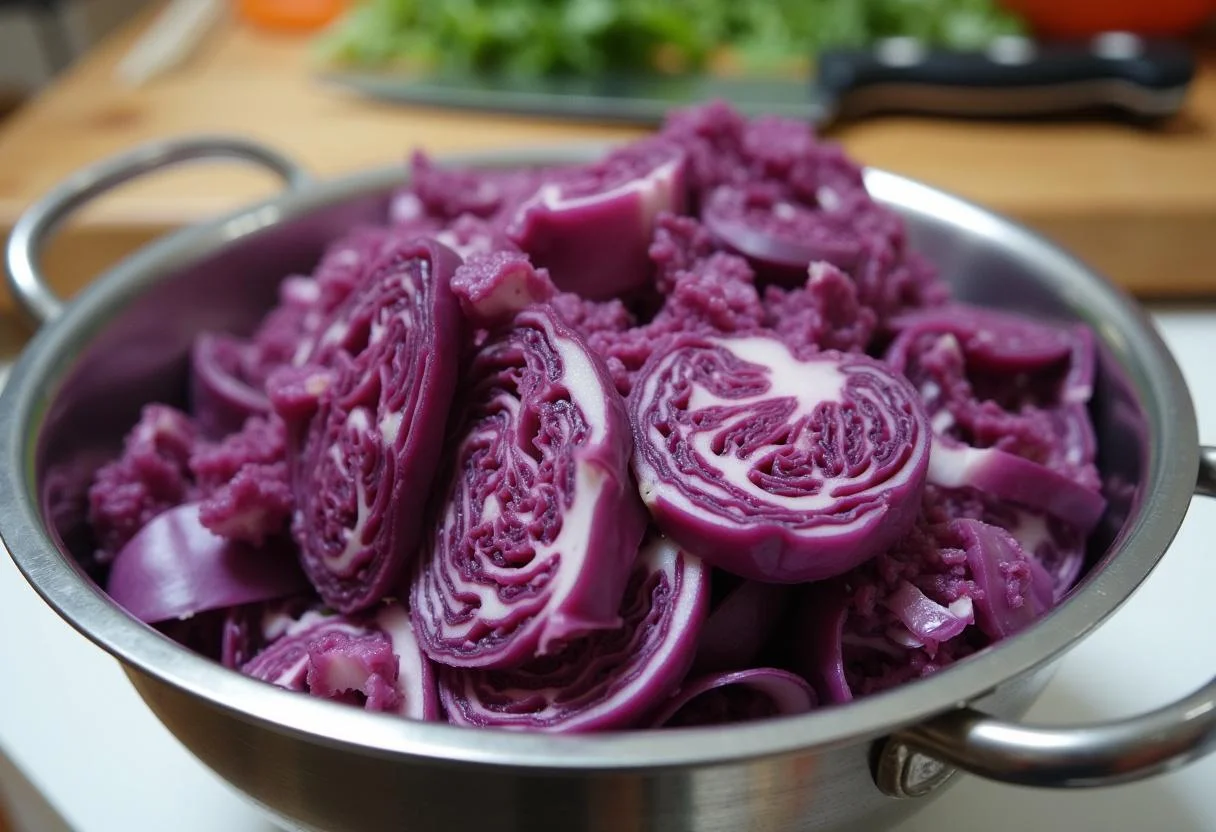 Sliced fresh couve roxa in a colander ready for seasoning.
