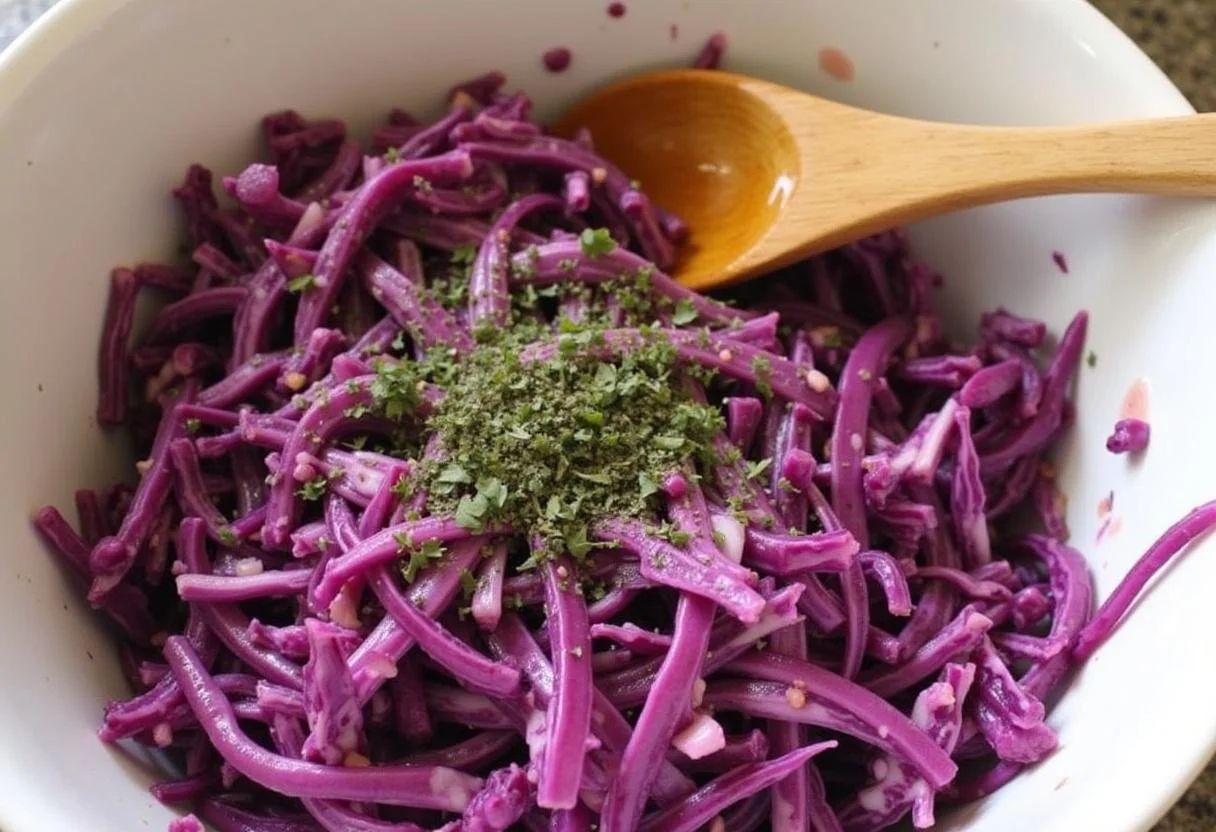 Mixed couve roxa with dressing and herbs for couve roxa temperada.