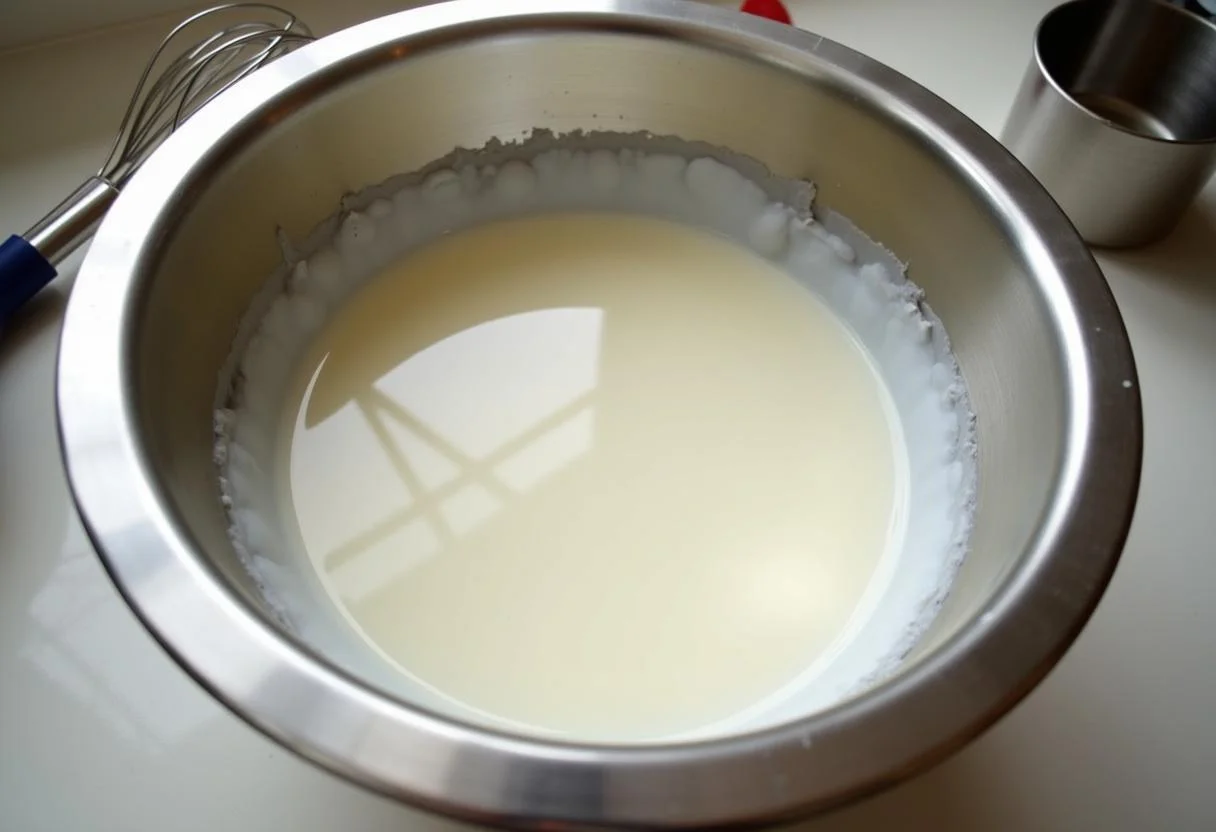 Fresh heavy cream in a bowl for making creme de leite natural in Portugal.