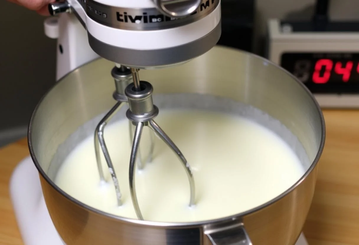 Whipping heavy cream with an electric mixer to prepare creme de leite natural.