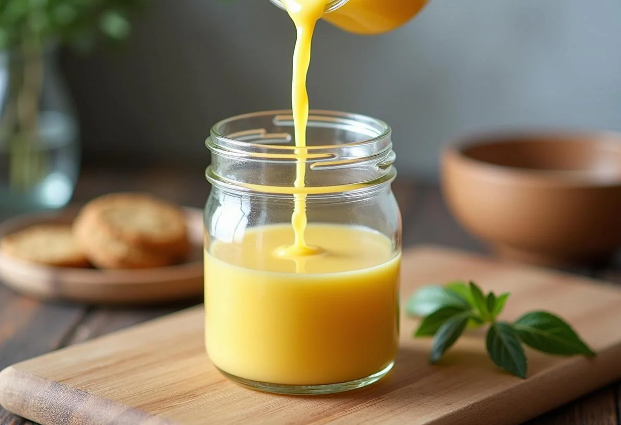 Filling a jar with homemade creme de leite natural, a traditional Portuguese delicacy.