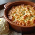 Delicious and golden traditional crumble de maçã served with vanilla ice cream.