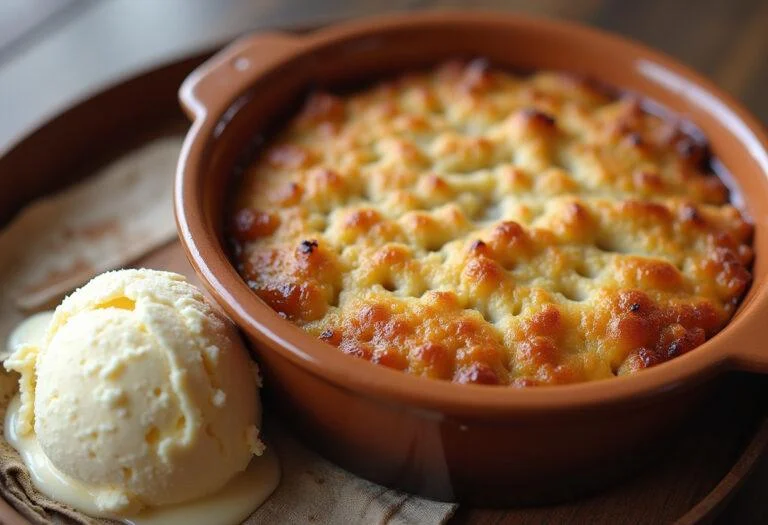Delicious and golden traditional crumble de maçã served with vanilla ice cream.