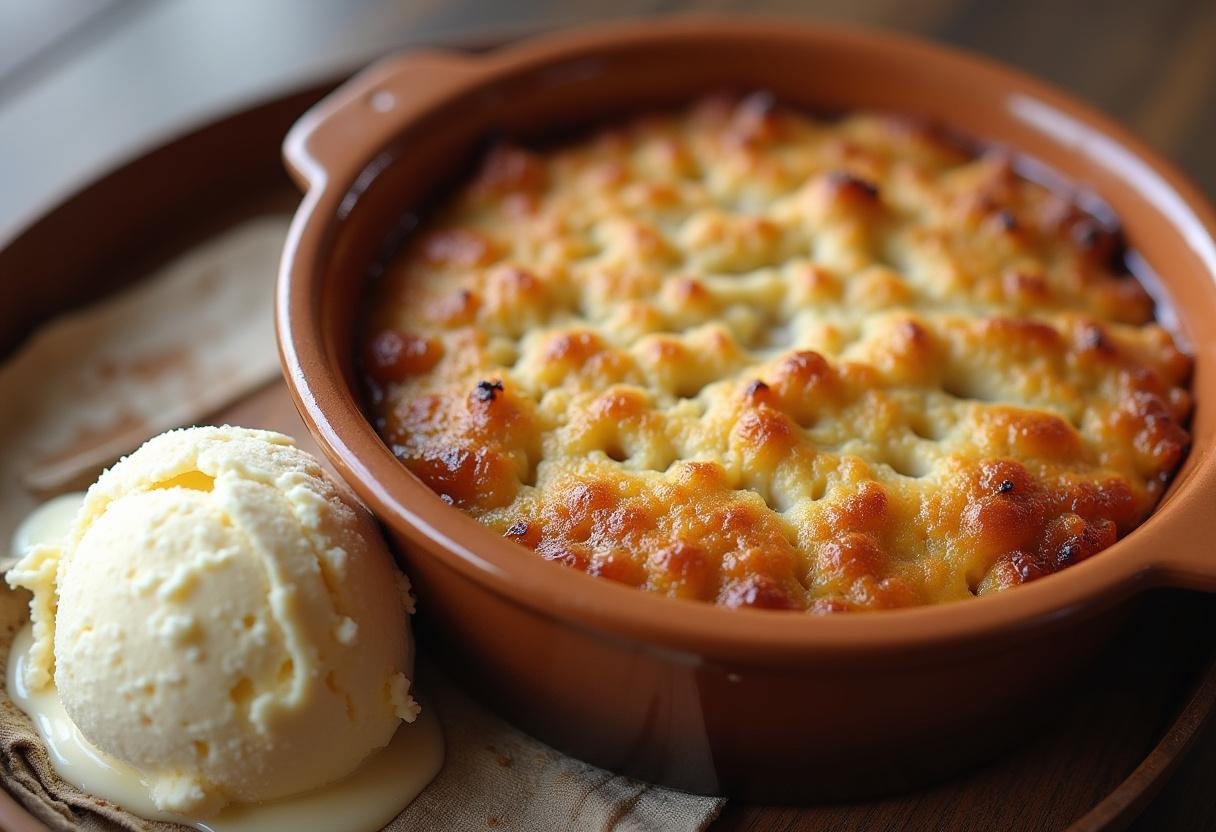 Delicious and golden traditional crumble de maçã served with vanilla ice cream.