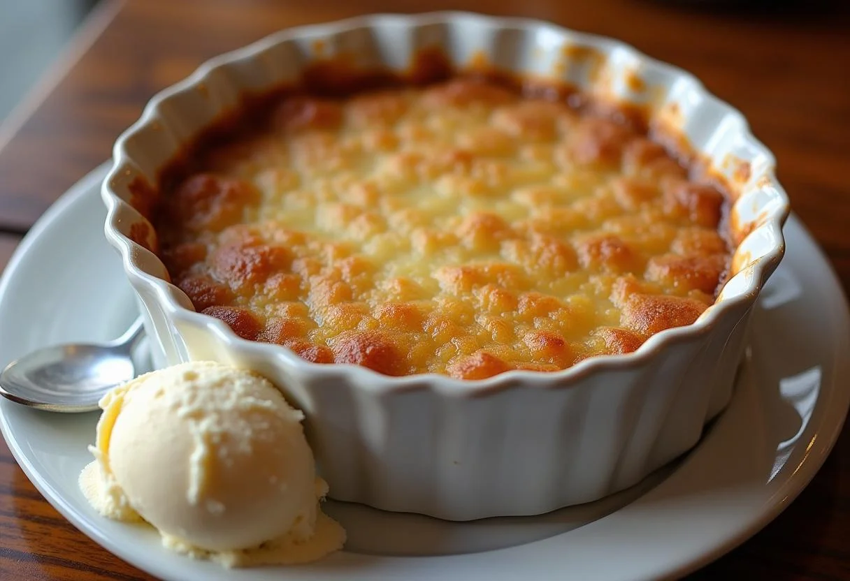 Delicious and golden traditional crumble de maçã served with vanilla ice cream.