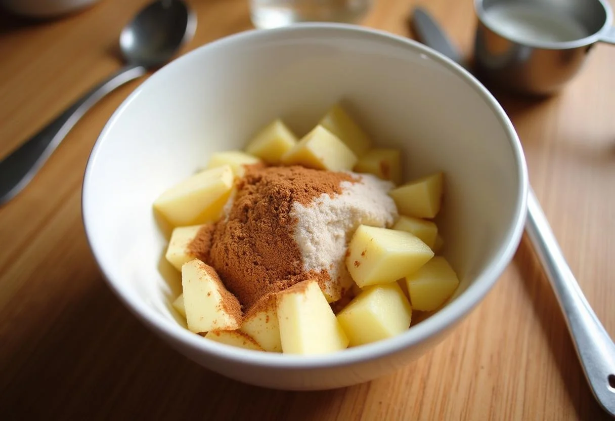 Sliced apples mixed with sugar and cinnamon for crumble de maçã.