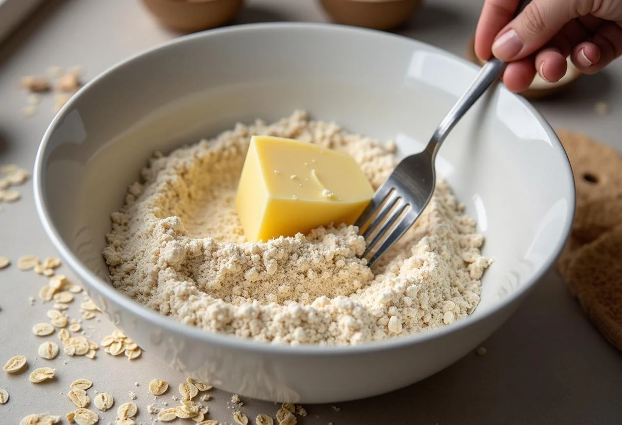 Mixing flour, oats, and butter to create crumble topping for crumble de maçã.
