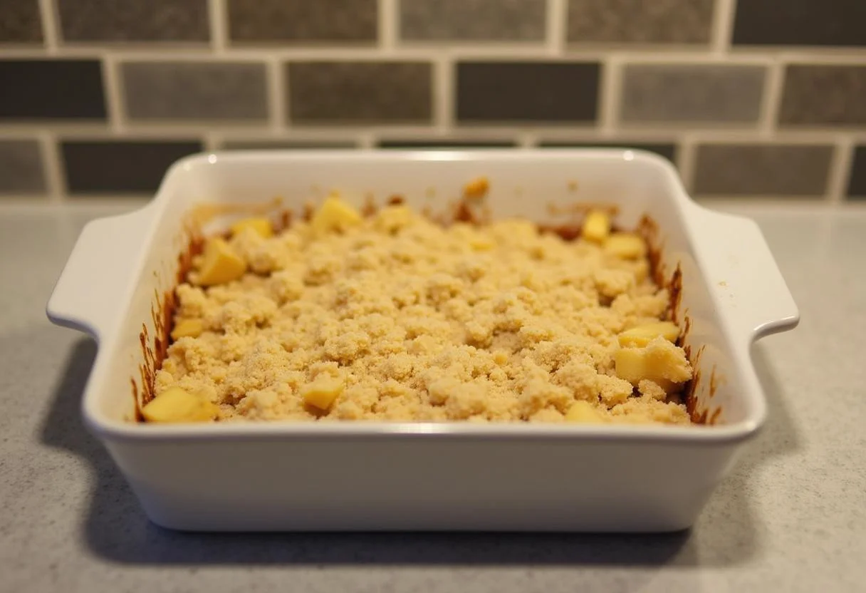 Apple mixture placed in a baking dish for traditional crumble de maçã.