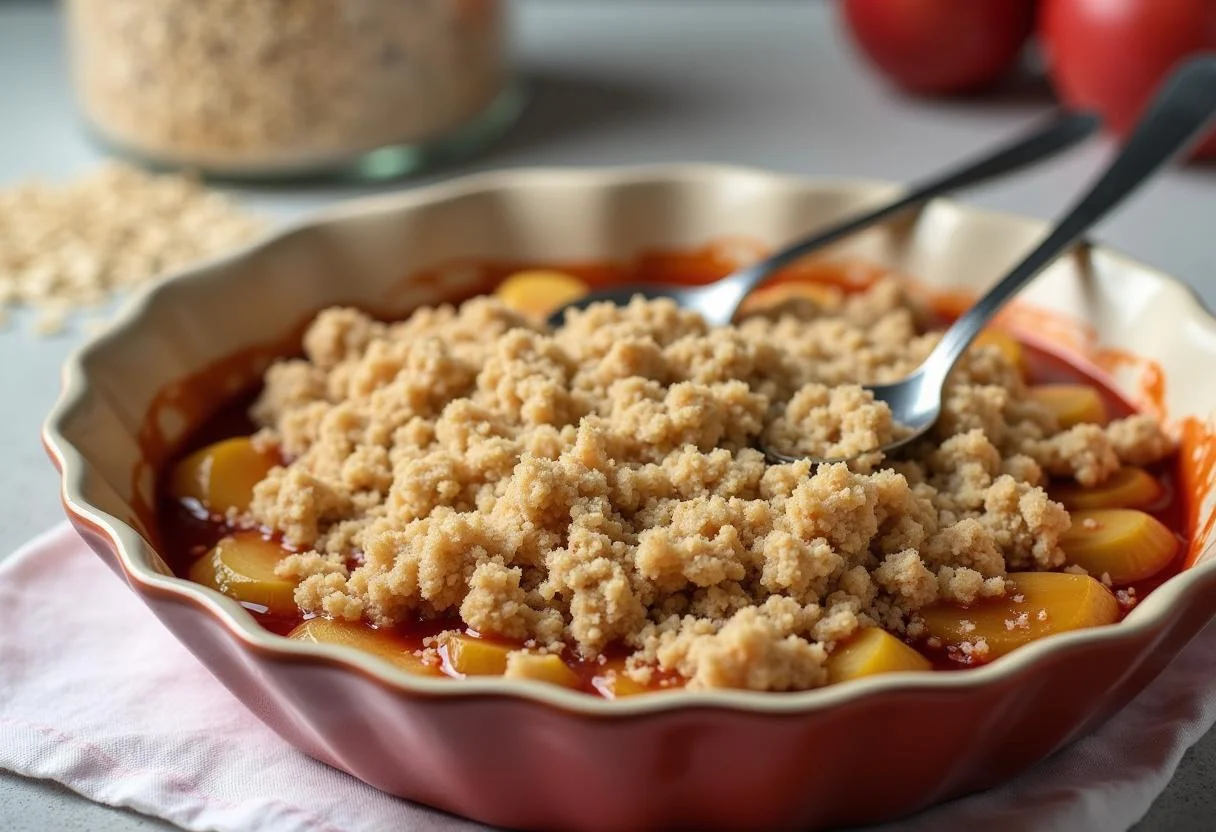 Crumble topping added to the apple mixture in a baking dish for crumble de maçã.