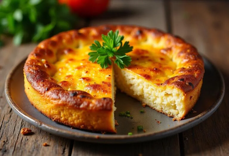 Empadão de arroz com atum dourado, pronto para servir em uma mesa rústica.