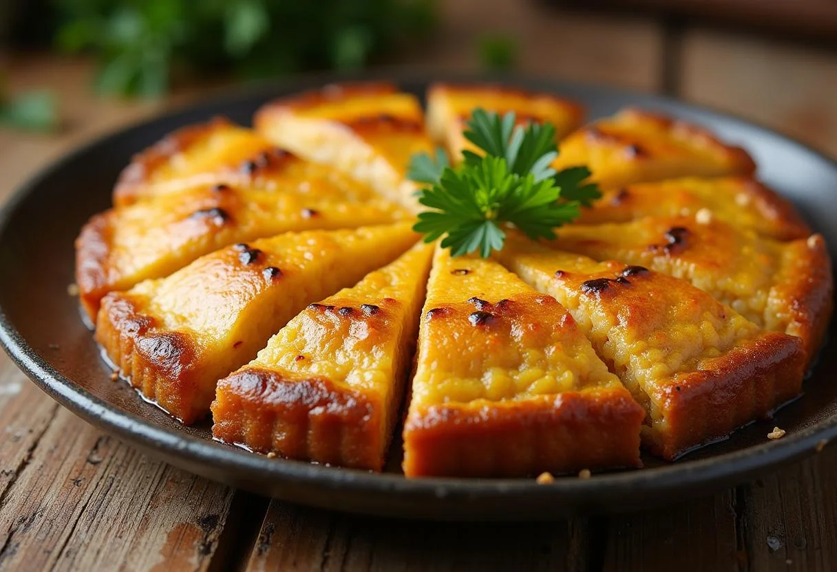 Empadão de arroz com atum dourado, pronto para servir em uma mesa rústica.