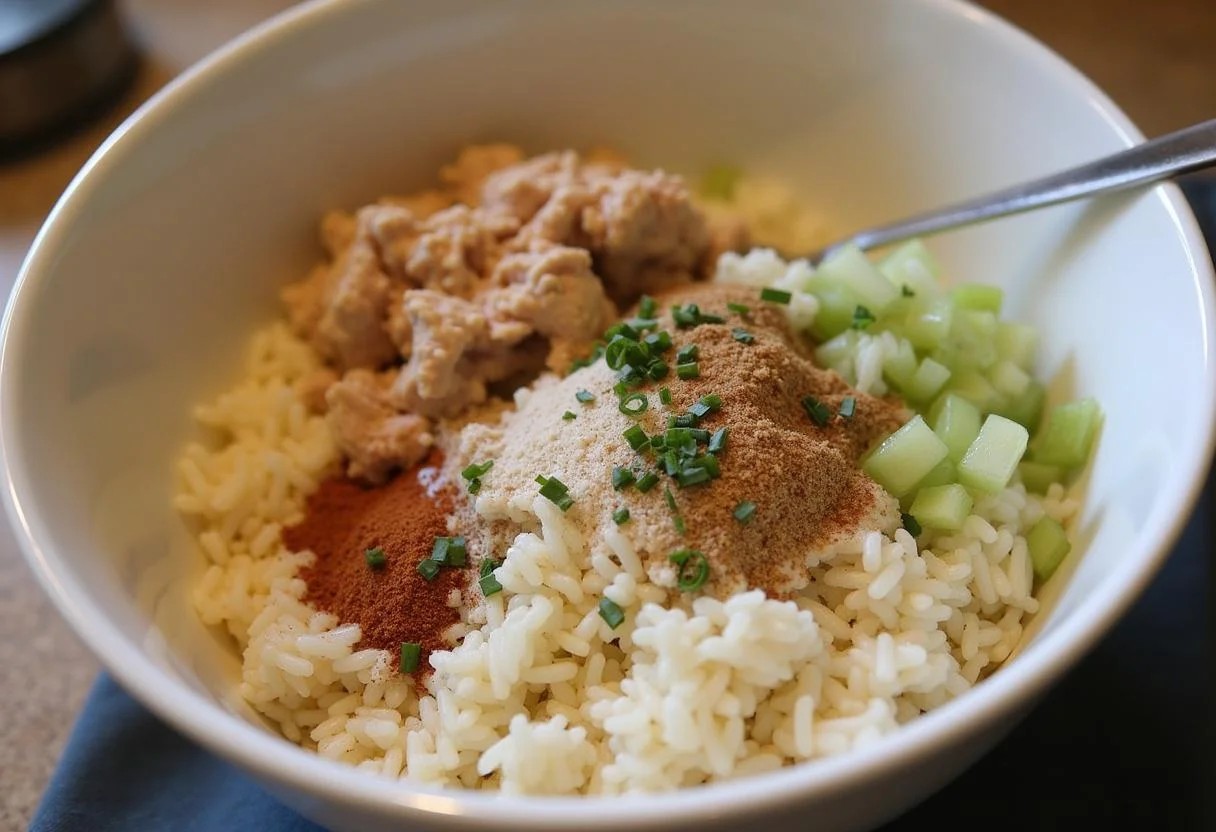 Mistura de arroz, atum e temperos para empadão de arroz com atum.