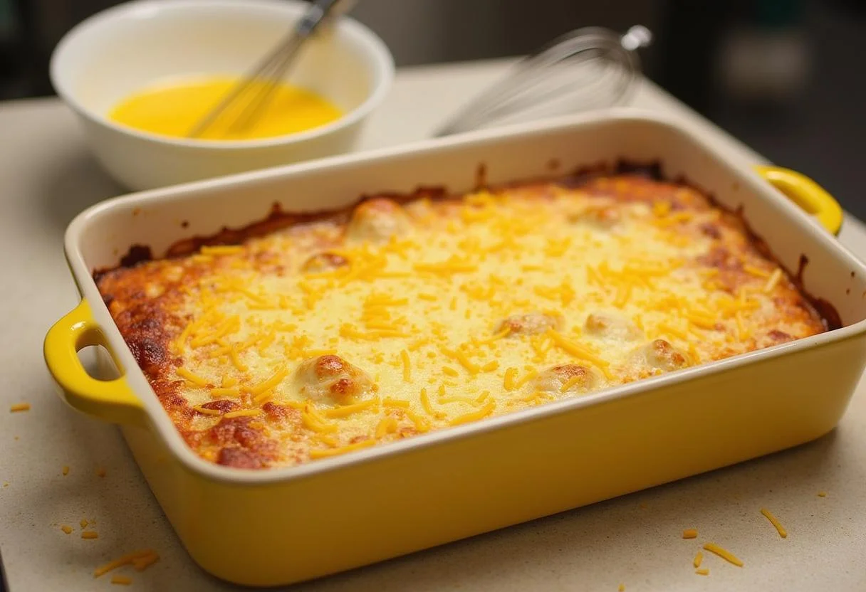 Ovos batidos preparados para a cobertura do empadão de atum e arroz.