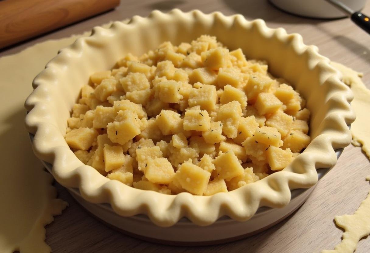 Montagem do empadão de bacalhau recheado com a mistura de bacalhau e massa.