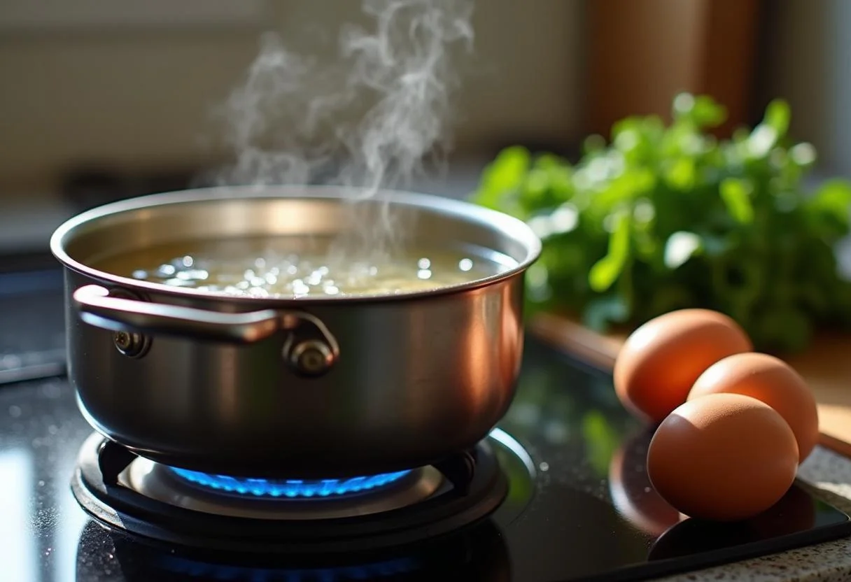 Água fervente em uma panela para escalfar ovos na receita de ervilhas com ovo escalfado.