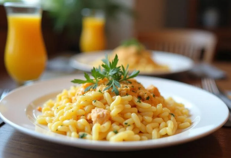 Delicious farinheira com ovos mexidos served on a dining table, perfect for breakfast or brunch.